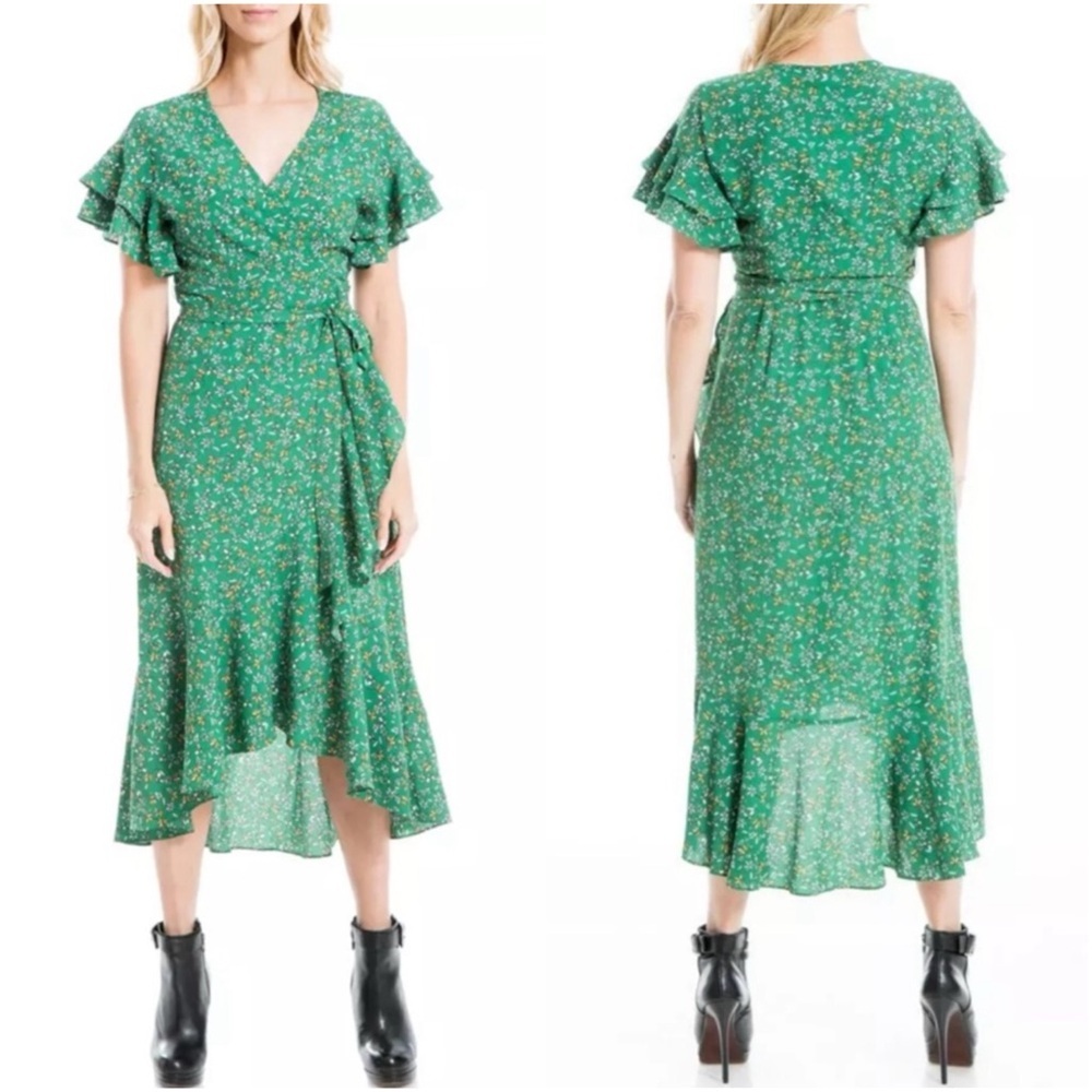 Green Floral Wrap Midi Dress with Ruffle Sleeves